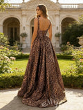 Leopard Print Wide Strap Square Neck A-Line Prom Dress with Open Back High Slit and Pockets