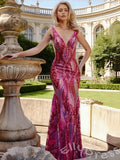 Fuchsia Magenta Wide Strap Deep V-Neck Full Sequin Embroidered Mermaid Prom Dress with Tropical Leaf Pattern Iridescent Multi-Color Shimmer Open Back and Sweep Train