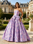 Lavender Floral Print Strapless Straight Neck Jacquard Oversized A-Line Ball Gown Prom Dress with Oversized Bow Waist Corset Bodice and Lace-Up Back