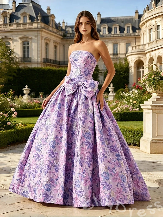 Lavender Floral Print Strapless Straight Neck Jacquard Oversized A-Line Ball Gown Prom Dress with Oversized Bow Waist Corset Bodice and Lace-Up Back