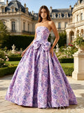 Lavender Floral Print Strapless Straight Neck Jacquard Oversized A-Line Ball Gown Prom Dress with Oversized Bow Waist Corset Bodice and Lace-Up Back