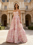 Pink Floral Print Spaghetti Strap Sweetheart Sheer Corset Bodice A-Line Prom Dress with Rose Jacquard Tiered Ruffle Skirt and Lace-Up Back