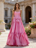 Pink Strapless Sweetheart Corset Bodice A-Line Prom Dress with Double Bow Waist Tiered Ruffle Skirt and Lace-Up Back