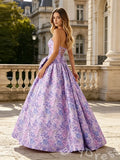 Lavender Floral Print Strapless Straight Neck Jacquard Oversized A-Line Ball Gown Prom Dress with Oversized Bow Waist Corset Bodice and Lace-Up Back