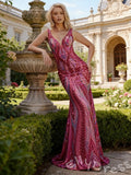Fuchsia Magenta Wide Strap Deep V-Neck Full Sequin Embroidered Mermaid Prom Dress with Tropical Leaf Pattern Iridescent Multi-Color Shimmer Open Back and Sweep Train