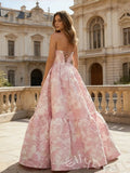Pink Floral Print Spaghetti Strap Sweetheart Sheer Corset Bodice A-Line Prom Dress with Rose Jacquard Tiered Ruffle Skirt and Lace-Up Back