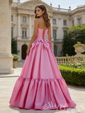Pink Strapless Sweetheart Corset Bodice A-Line Prom Dress with Double Bow Waist Tiered Ruffle Skirt and Lace-Up Back