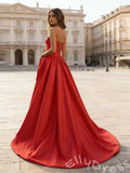 Red Strapless Corset Bodice Satin A-Line Prom Dress with 3D Flower High Slit Lace-Up Back and Sweep Train