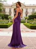 Deep Purple Spaghetti Strap Sweetheart Sheer Lace Corset Satin Mermaid Prom Dress with Sequin Embroidery Ruched Side High Slit Lace-Up Back and Sweep Train