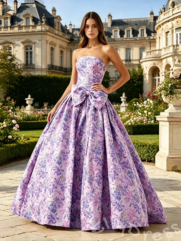 Lavender Floral Print Strapless Straight Neck Jacquard Oversized A-Line Ball Gown Prom Dress with Oversized Bow Waist Corset Bodice and Lace-Up Back