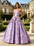 Lavender Floral Print Strapless Straight Neck Jacquard Oversized A-Line Ball Gown Prom Dress with Oversized Bow Waist Corset Bodice and Lace-Up Back