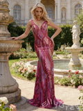 Fuchsia Magenta Wide Strap Deep V-Neck Full Sequin Embroidered Mermaid Prom Dress with Tropical Leaf Pattern Iridescent Multi-Color Shimmer Open Back and Sweep Train