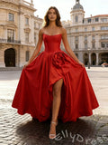 Red Strapless Corset Bodice Satin A-Line Prom Dress with 3D Flower High Slit Lace-Up Back and Sweep Train