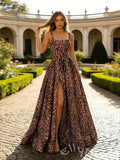Leopard Print Wide Strap Square Neck A-Line Prom Dress with Open Back High Slit and Pockets