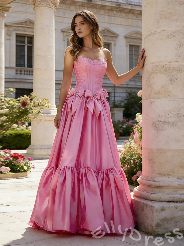 Pink Strapless Sweetheart Corset Bodice A-Line Prom Dress with Double Bow Waist Tiered Ruffle Skirt and Lace-Up Back