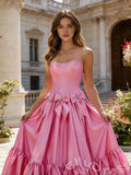 Pink Strapless Sweetheart Corset Bodice A-Line Prom Dress with Double Bow Waist Tiered Ruffle Skirt and Lace-Up Back