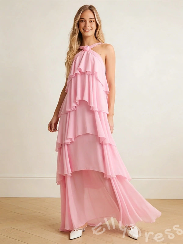 Blush Pink Halter Criss Cross Neck Chiffon Five-Tier Cake A-Line Prom Dress with Twist Neckline Open Low V Back and Pockets