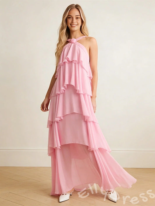 Blush Pink Halter Criss Cross Neck Chiffon Five-Tier Cake A-Line Prom Dress with Twist Neckline Open Low V Back and Pockets