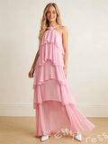 Blush Pink Halter Criss Cross Neck Chiffon Five-Tier Cake A-Line Prom Dress with Twist Neckline Open Low V Back and Pockets