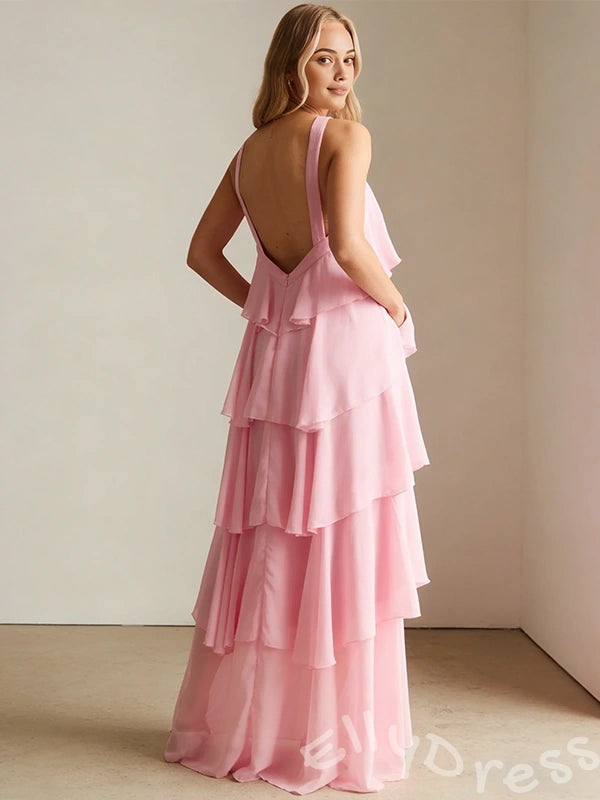 Blush Pink Halter Criss Cross Neck Chiffon Five-Tier Cake A-Line Prom Dress with Twist Neckline Open Low V Back and Pockets