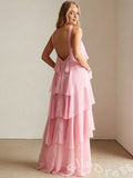 Blush Pink Halter Criss Cross Neck Chiffon Five-Tier Cake A-Line Prom Dress with Twist Neckline Open Low V Back and Pockets
