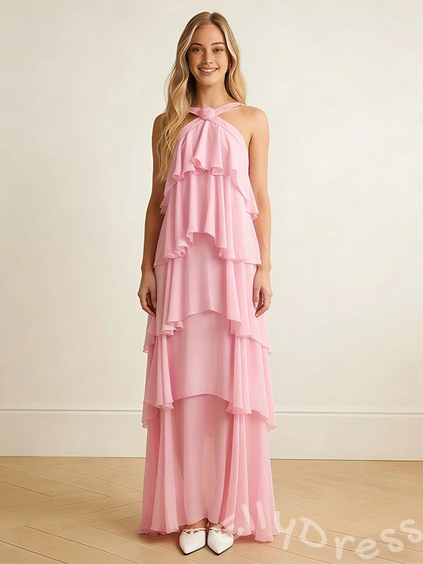 Blush Pink Halter Criss Cross Neck Chiffon Five-Tier Cake A-Line Prom Dress with Twist Neckline Open Low V Back and Pockets
