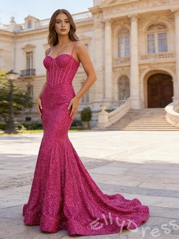 Fuchsia Spaghetti Strap Sweetheart Full Iridescent Sequin Mermaid Prom Dress with Sheer Boned Corset Bodice Pearl Beaded Detail Cinched Waist and Sweep Train