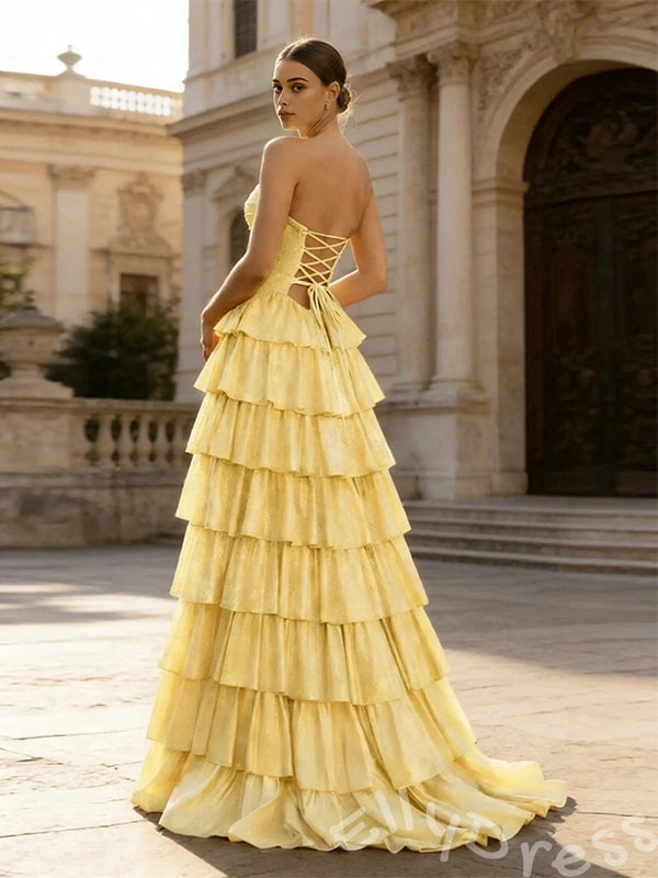 Cute Yellow A-Line Sweetheart Lace-Up Long Prom Dress With Slit