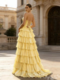 Cute Yellow A-Line Sweetheart Lace-Up Long Prom Dress With Slit