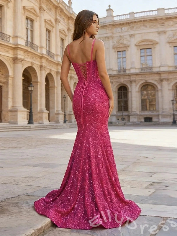 Fuchsia Spaghetti Strap Sweetheart Full Iridescent Sequin Mermaid Prom Dress with Sheer Boned Corset Bodice Pearl Beaded Detail Cinched Waist and Sweep Train