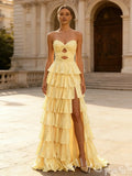 Cute Yellow A-Line Sweetheart Lace-Up Long Prom Dress With Slit