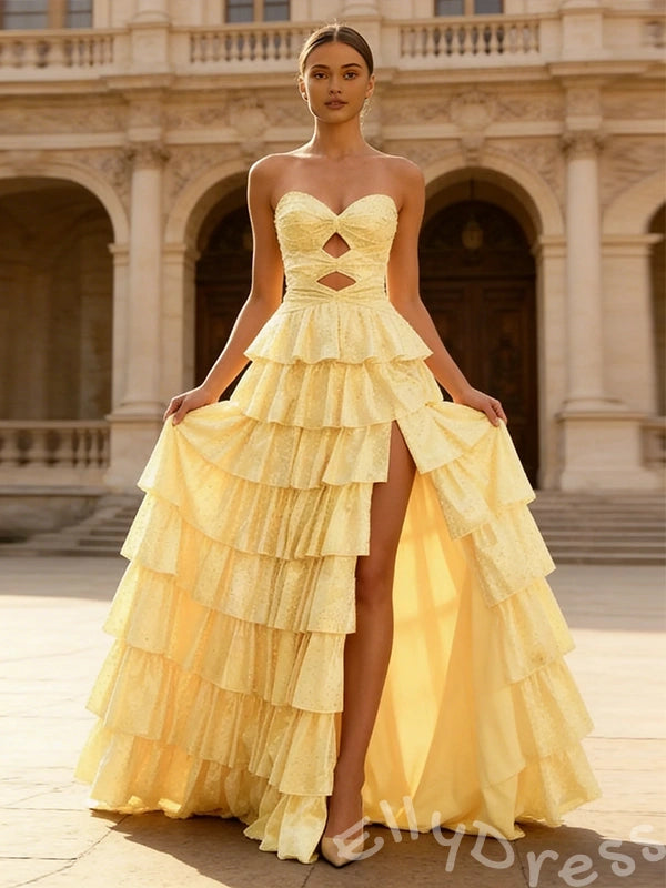 Cute Yellow A-Line Sweetheart Lace-Up Long Prom Dress With Slit