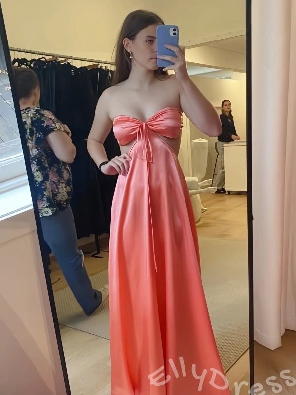 Pink Strapless Sweetheart Satin A-Line Prom Dress with Twist Bow Cutout Bust Double Side Cutout Waist Open Back Bow Tie and Tea Length