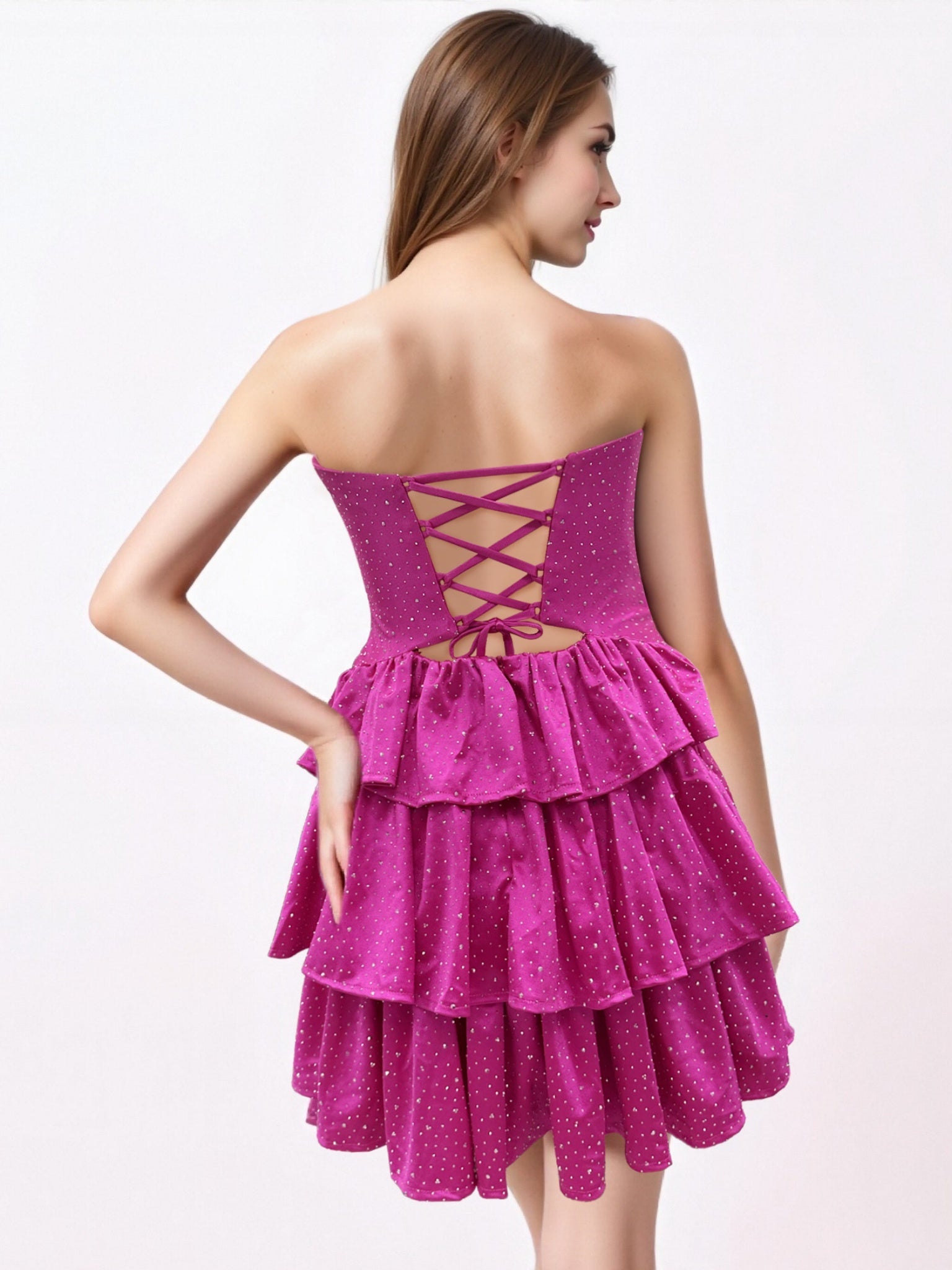 Sparkly Fuchsia Cutout Strapless Tiered Ruffle Homecoming Short Dress
