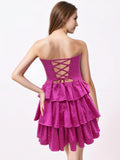 Sparkly Fuchsia Cutout Strapless Tiered Ruffle Homecoming Short Dress