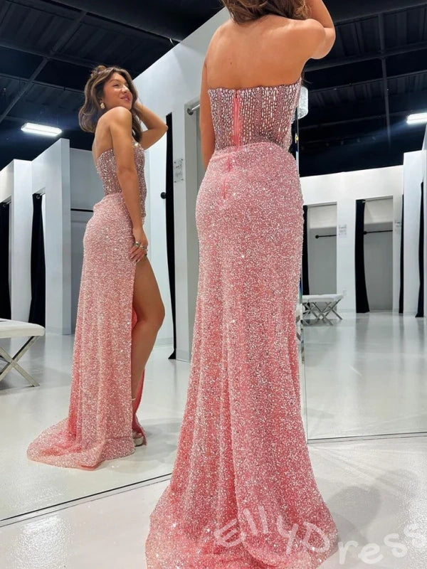 Antique Gold Strapless Sweetheart Full Sequin Floral Embroidered Mermaid Prom Dress with Lace-Up Corset Back Open Back and Sweep Train