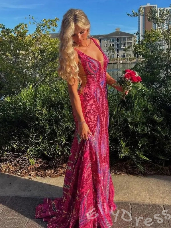 Fuchsia Magenta Wide Strap Deep V-Neck Full Sequin Embroidered Mermaid Prom Dress with Tropical Leaf Pattern Iridescent Multi-Color Shimmer Open Back and Sweep Train