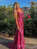 Fuchsia Magenta Wide Strap Deep V-Neck Full Sequin Embroidered Mermaid Prom Dress with Tropical Leaf Pattern Iridescent Multi-Color Shimmer Open Back and Sweep Train