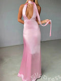 Popular Pink Mermaid V-Neck Halter Long Prom Dress