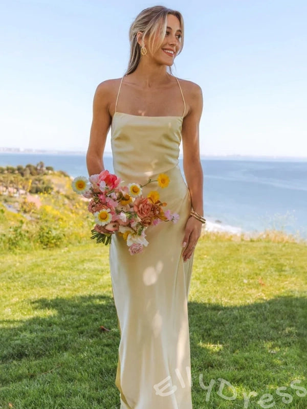 Popular Yellow Mermaid Spaghetti Straps Straight Cross Long Prom Dress