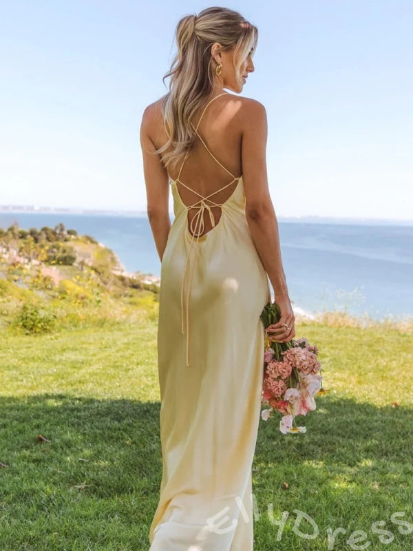 Popular Yellow Mermaid Spaghetti Straps Straight Cross Long Prom Dress