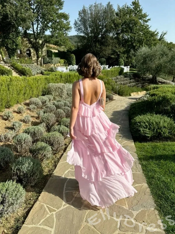 Blush Pink Halter Criss Cross Neck Chiffon Five-Tier Cake A-Line Prom Dress with Twist Neckline Open Low V Back and Pockets