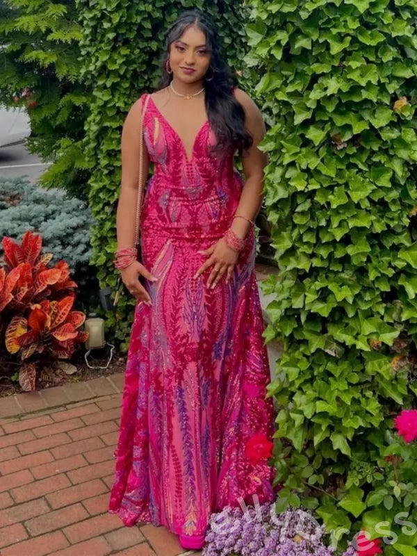 Fuchsia Magenta Wide Strap Deep V-Neck Full Sequin Embroidered Mermaid Prom Dress with Tropical Leaf Pattern Iridescent Multi-Color Shimmer Open Back and Sweep Train