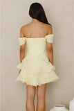 Pale Yellow Off Shoulder Tiered Ruffle Chiffon Mini Dress Homecoming Party Gown