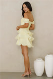 Pale Yellow Off Shoulder Tiered Ruffle Chiffon Mini Dress Homecoming Party Gown