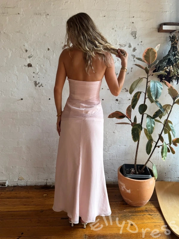 Blush Pink Strapless Straight Neck Chiffon Sheath Prom Dress with Diagonal Criss Cross Ruched Wrap Twist Gathered Waist and Asymmetric Draped Hem
