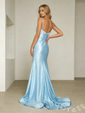 Ice Blue Spaghetti Strap Square Neck Satin Mermaid Prom Dress with Pearl Beaded Floral Embroidery Diagonal Ruched Waist High Slit Open Back and Sweep Train