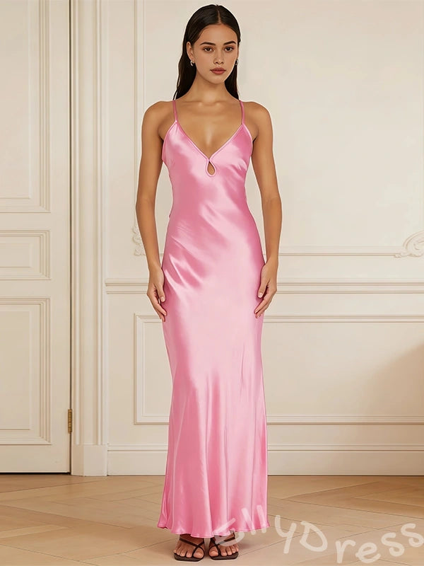 Barbie Pink Spaghetti Strap Deep V-Neck Satin Mermaid Prom Dress with Teardrop Cutout Bust Criss Cross Straps and Open Back