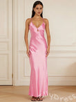 Barbie Pink Spaghetti Strap Deep V-Neck Satin Mermaid Prom Dress with Teardrop Cutout Bust Criss Cross Straps and Open Back
