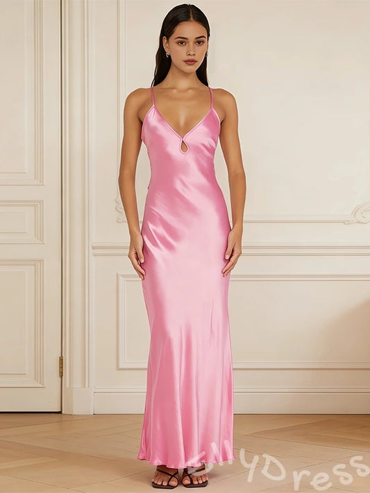 Barbie Pink Spaghetti Strap Deep V-Neck Satin Mermaid Prom Dress with Teardrop Cutout Bust Criss Cross Straps and Open Back